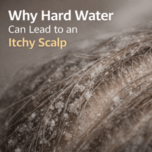 Close-up of scalp and hair showing buildup and residue that can contribute to irritation and itchy scalp from hard water