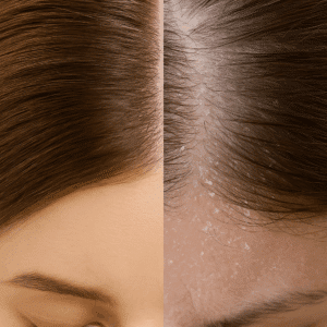 Side-by-side comparison showing a healthy scalp on one side and a dry, flaky, unhealthy scalp on the other