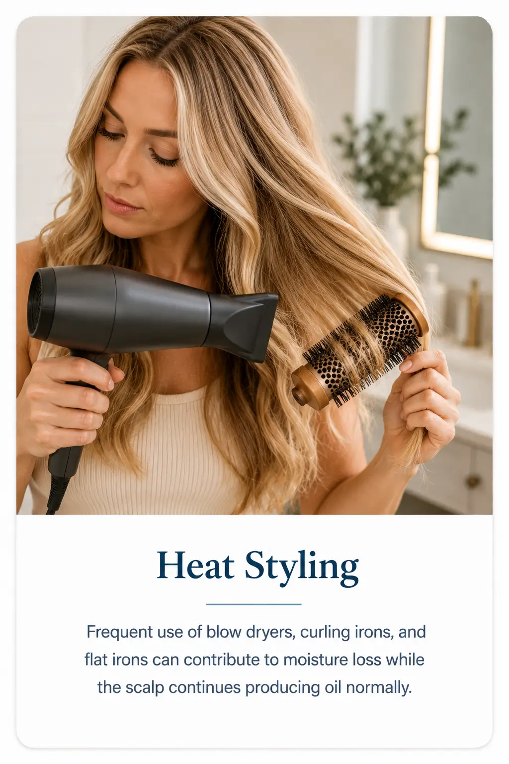 Woman blow drying blonde hair demonstrating how heat styling can contribute to moisture loss