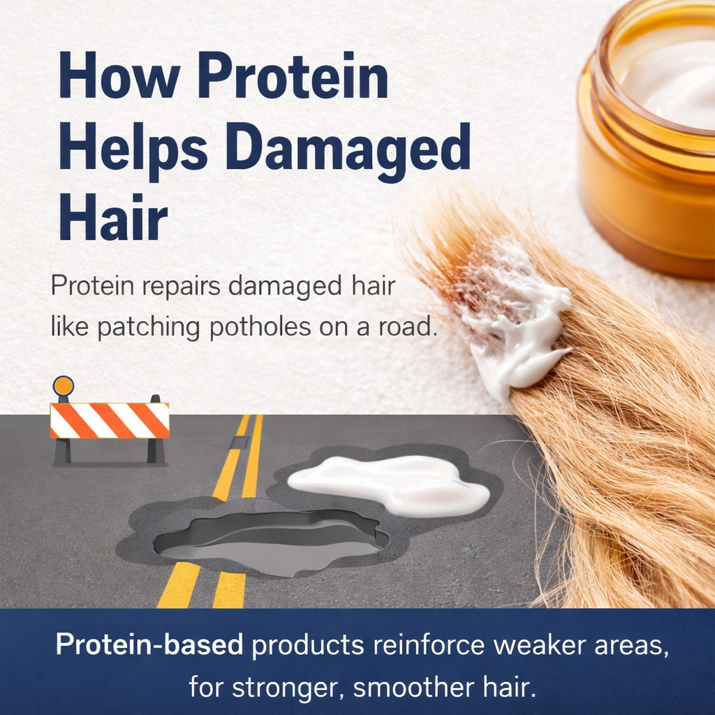 Illustration of protein repairing damaged hair strands similar to patching weak areas in hair fiber