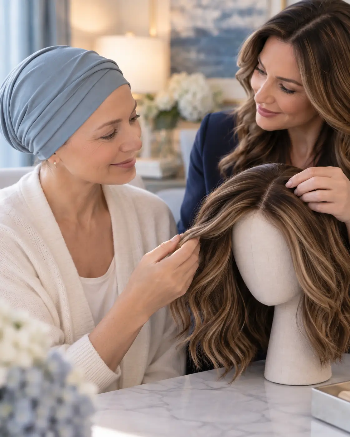 Close-up of a high-quality human hair wig during a private medical hair loss consultation.