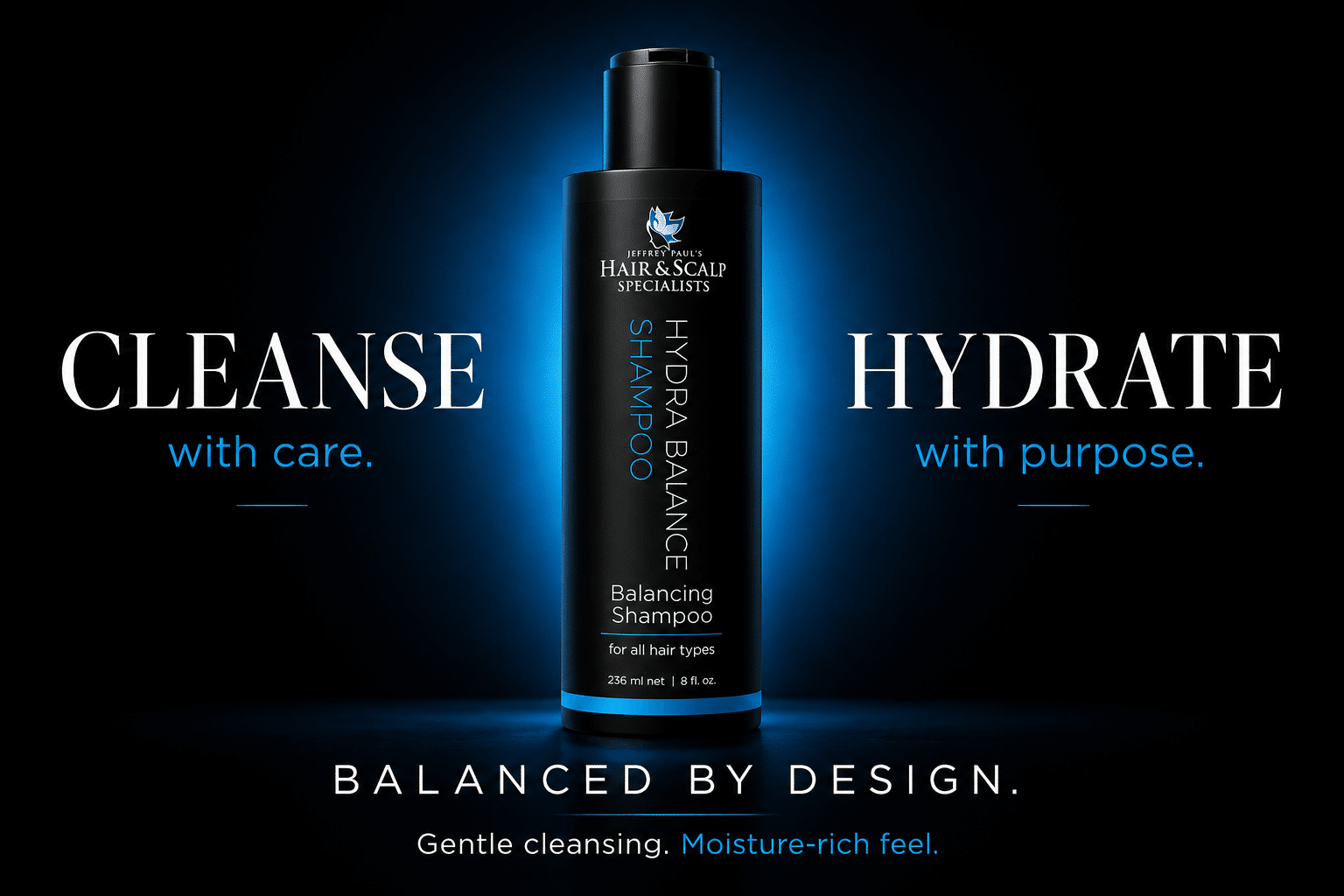 Hydra Balance Shampoo designed to gently cleanse buildup while supporting moisture, softness, and manageability