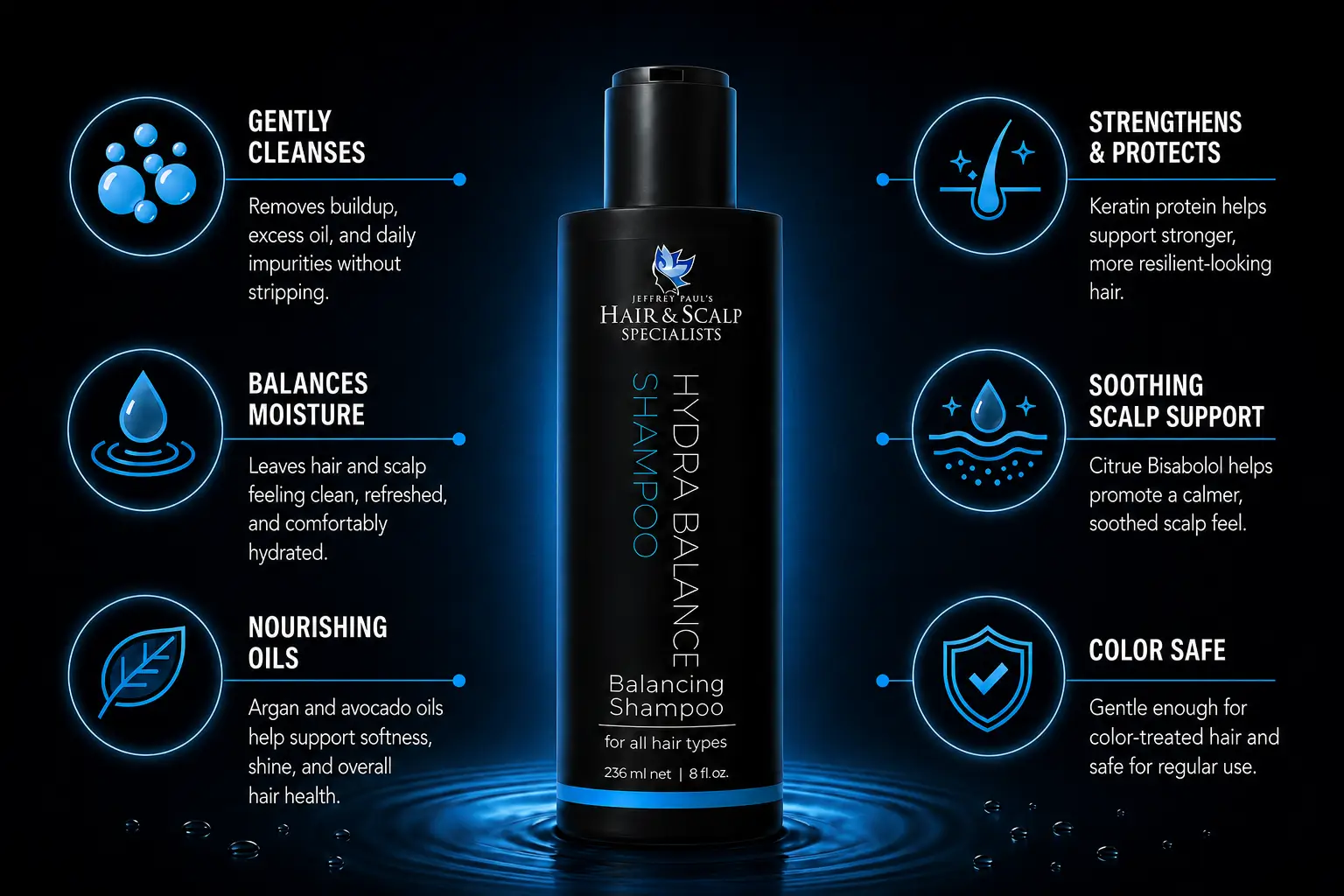 Hydra Balance Shampoo infographic highlighting gentle cleansing, moisture balance, nourishing oils, keratin protein support, soothing scalp support, and color-safe care.