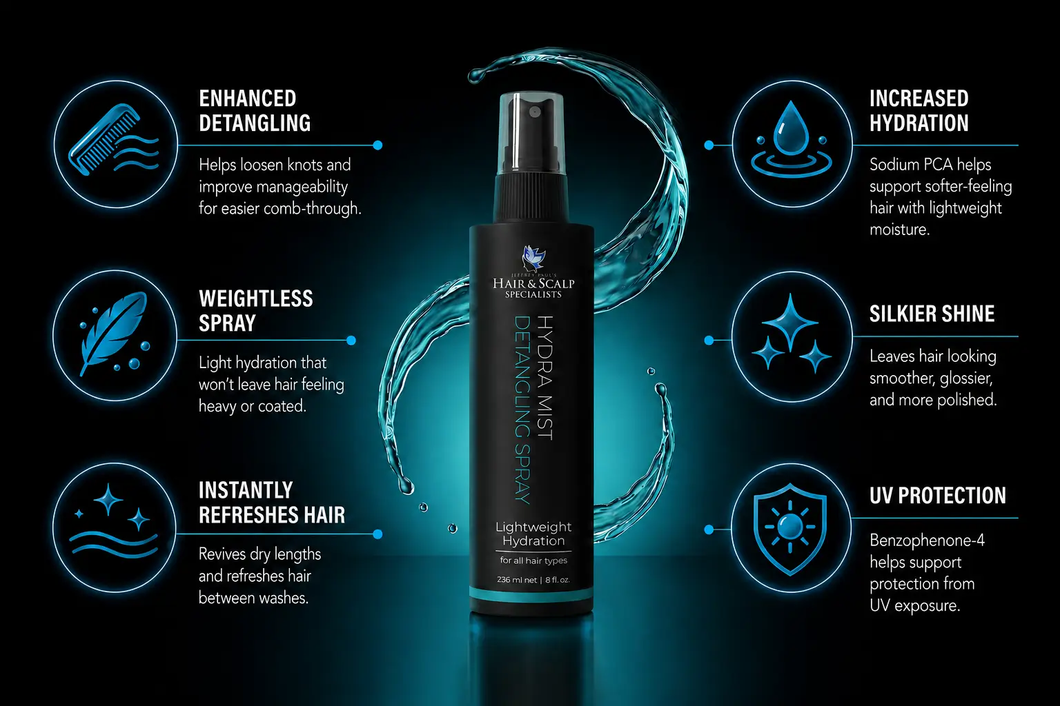 Hydra Mist Detangling Spray benefits infographic highlighting detangling, lightweight hydration, weightless conditioning, refreshed hair, silkier shine, and UV protection.