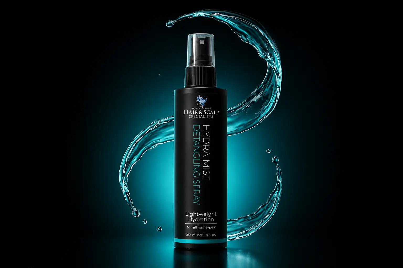 Hydra Mist Detangling Spray bottle with a teal water splash effect, representing lightweight hydration and detangling support for easier brushing.