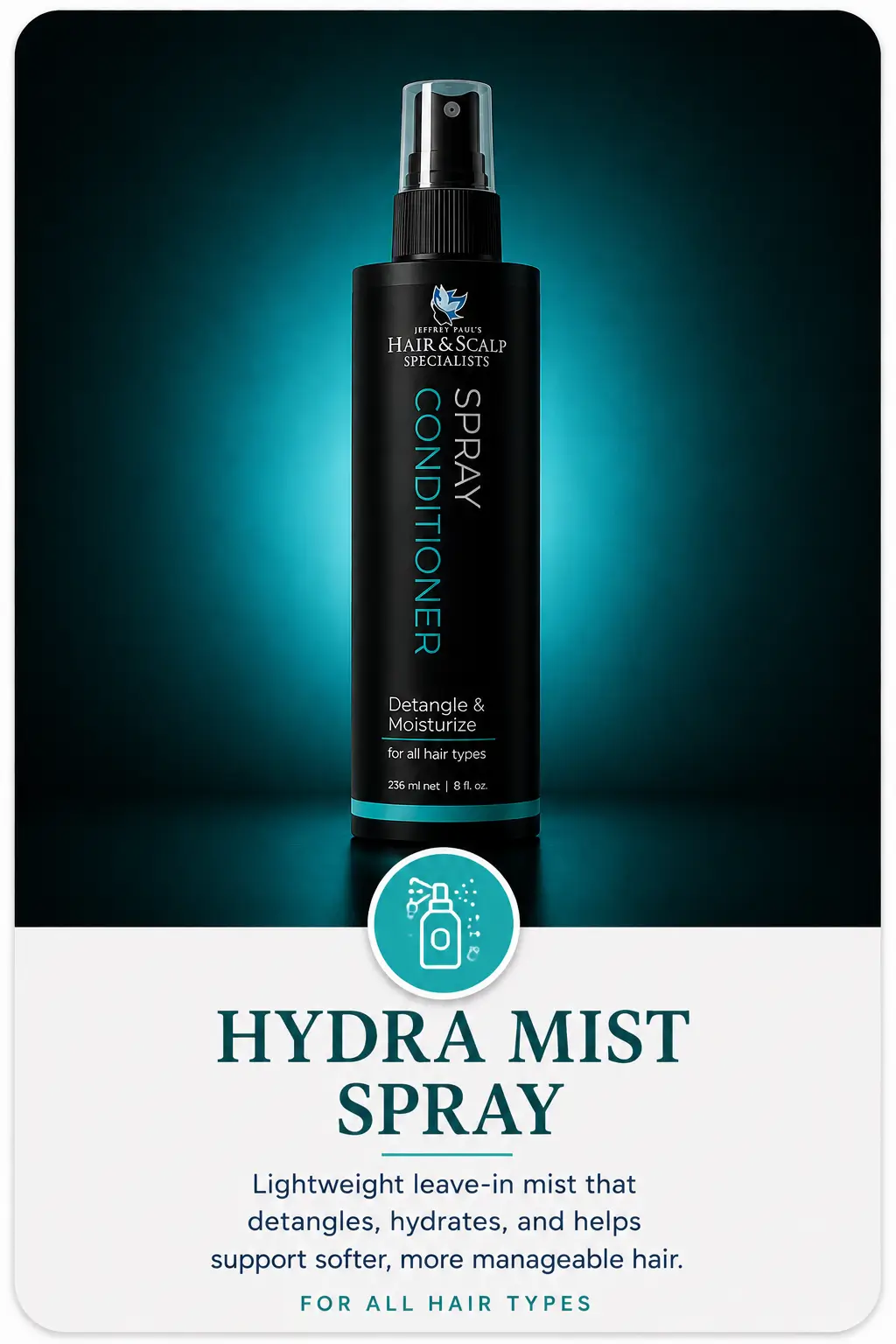Hydra Mist Spray leave-in conditioning mist that detangles, hydrates, and helps support softer, more manageable hair for all hair types.