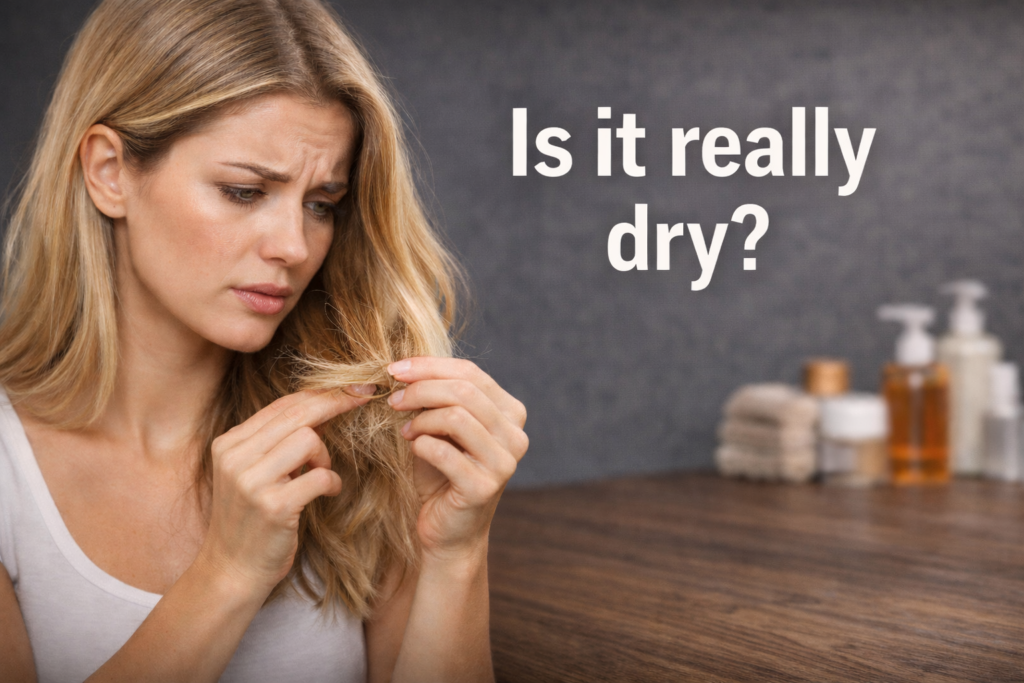 Woman checking brittle dry hair ends possibly caused by protein overload or hair damage
