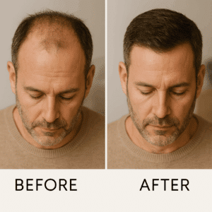 Before and after results showing a man with male pattern hair loss transformed with fuller, natural-looking hair after a custom non-surgical hair replacement solution.
