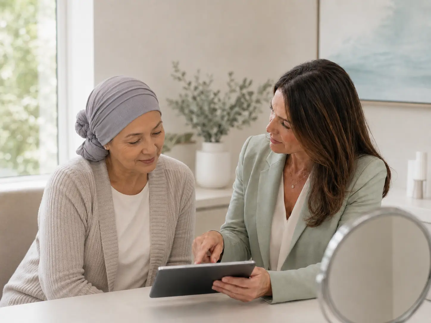 Woman wearing a soft turban meeting privately with a specialist to discuss medical-related hair loss solutions.