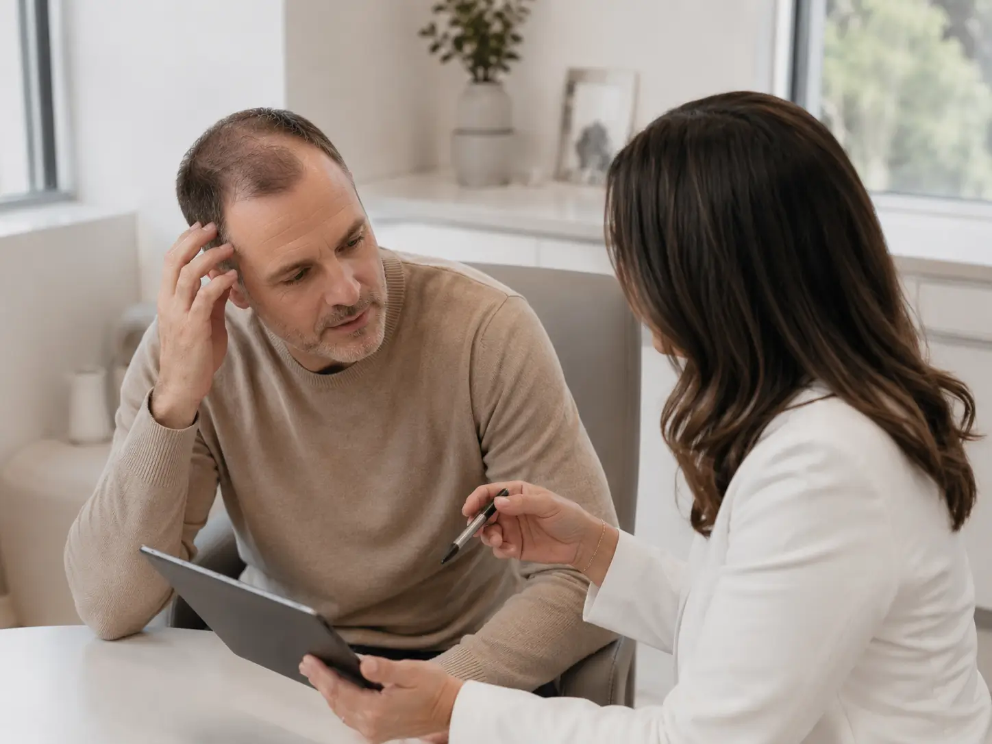 Man with visible thinning hair meeting privately with a specialist during a men’s hair loss consultation.