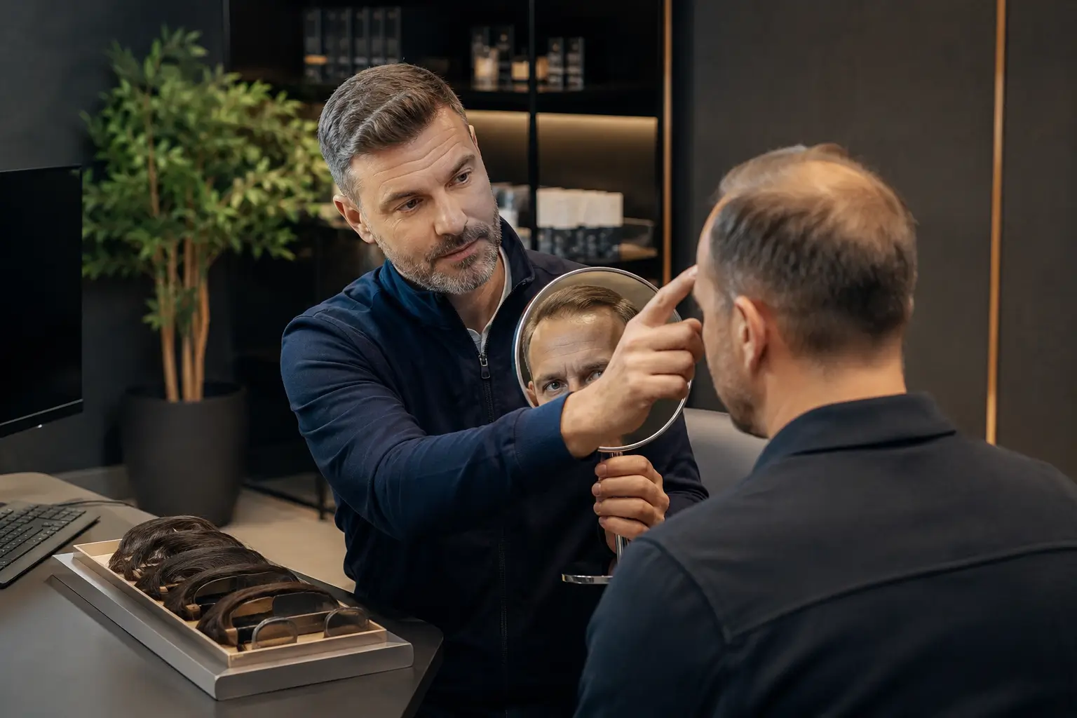 Male hair loss specialist showing a client his hairline in a mirror while discussing custom men’s hair replacement options.