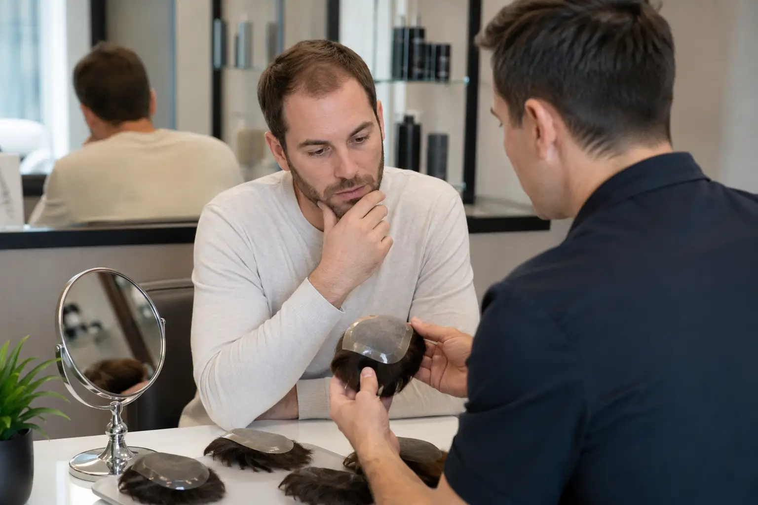 Hair specialist reviewing custom hair solution options during a private consultation.