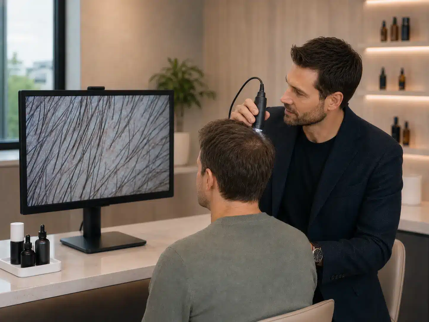 Male hair and scalp specialist performing a ScalpCheck evaluation with a digital scope while reviewing the scalp image on a screen with a male client.