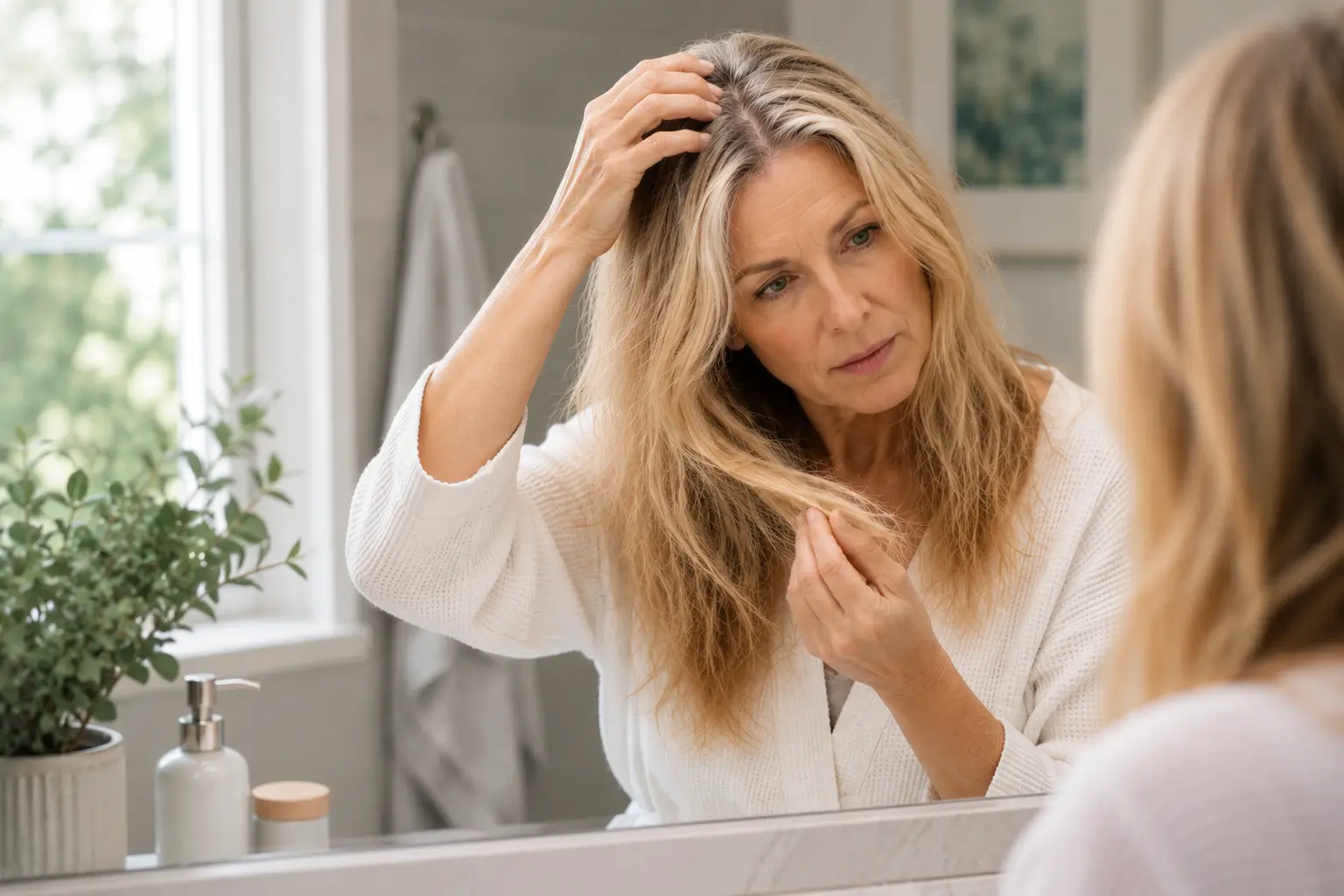 Woman examining an oily scalp and dry hair lengths in a bathroom mirror