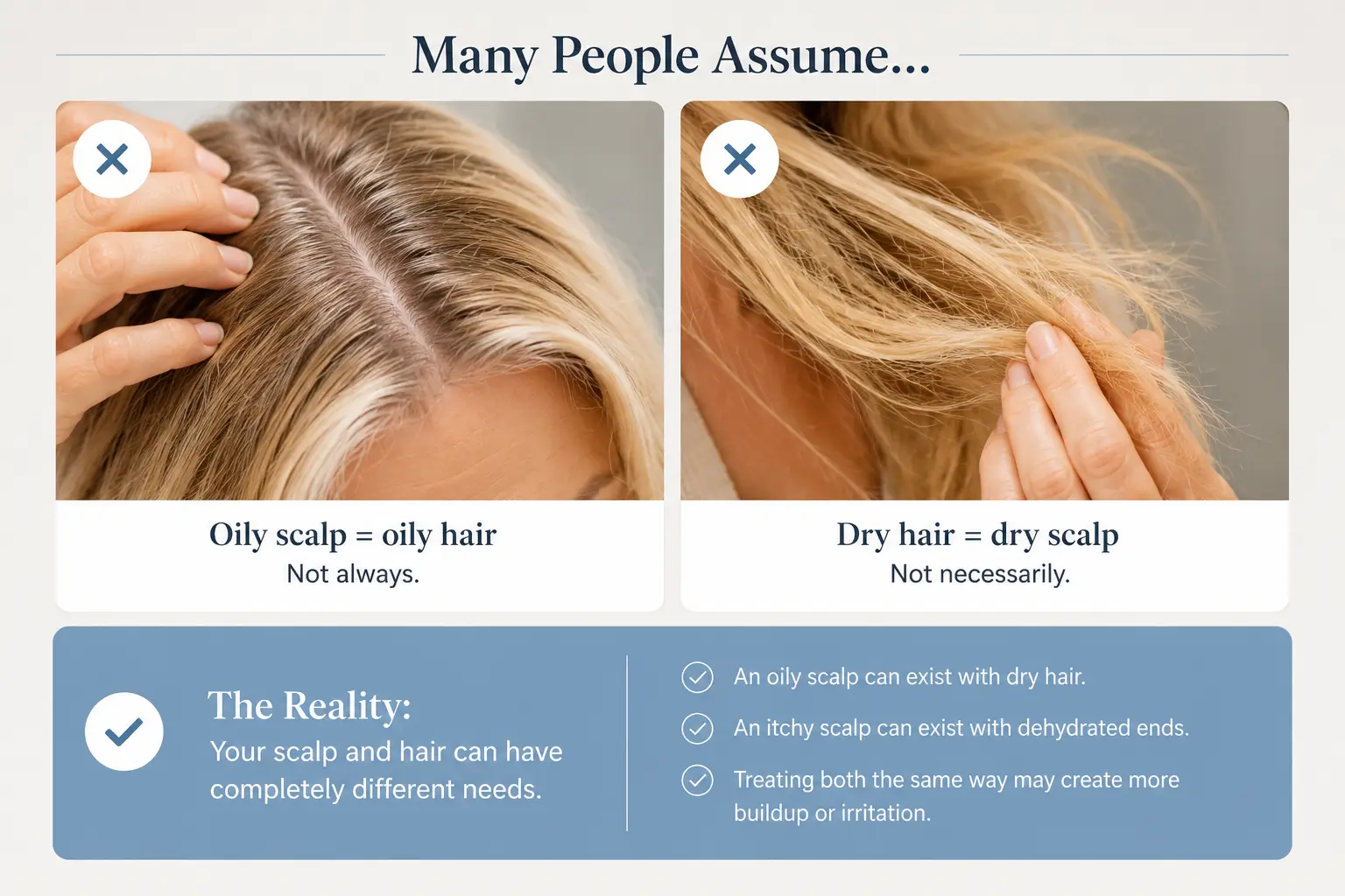Myth versus reality graphic explaining how oily scalp and dry hair can exist together