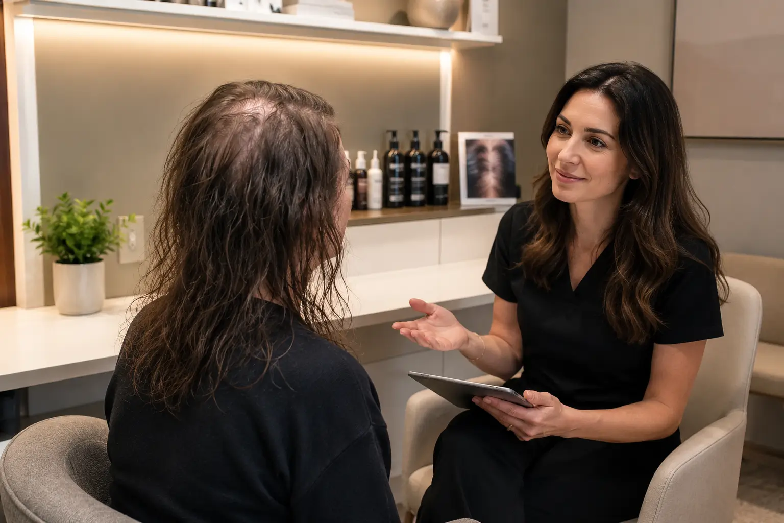 Woman with thinning hair speaking with a hair and scalp specialist during a private consultation.