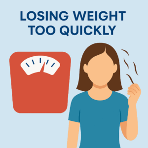 Illustration of a woman holding shed hair beside a scale, representing hair thinning caused by rapid weight loss.