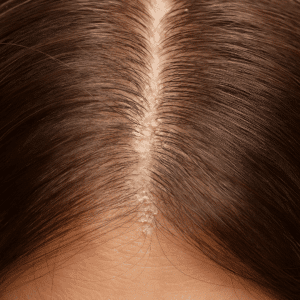 Close-up of a woman’s scalp with visible buildup and flaking along the part line, illustrating clogged follicles and poor scalp health.