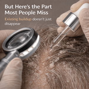 Close-up of scalp treatment showing buildup and professional care to remove residue and rebalance scalp health