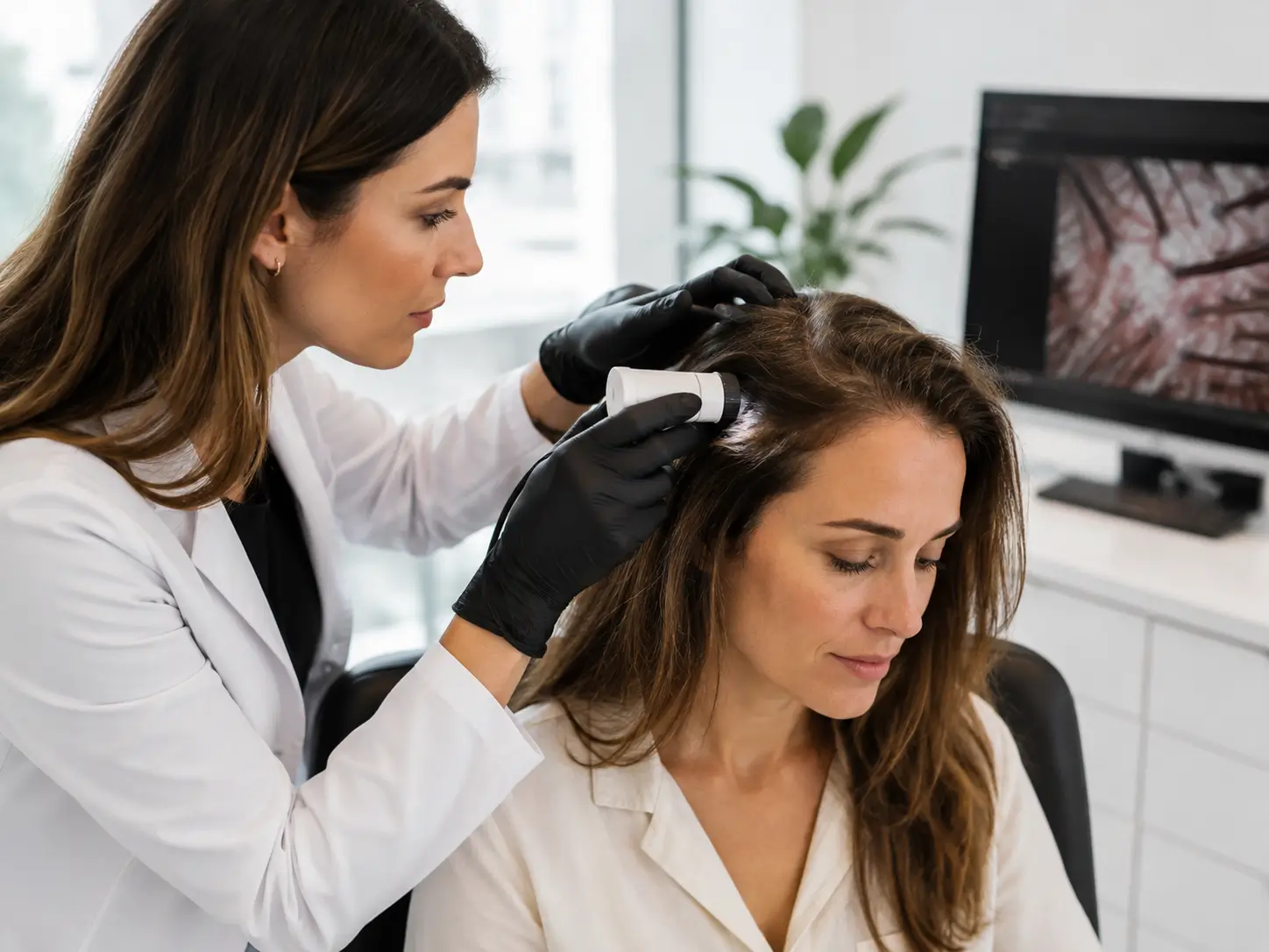Hair and scalp specialist performing a close scalp evaluation for a woman concerned about hair thinning