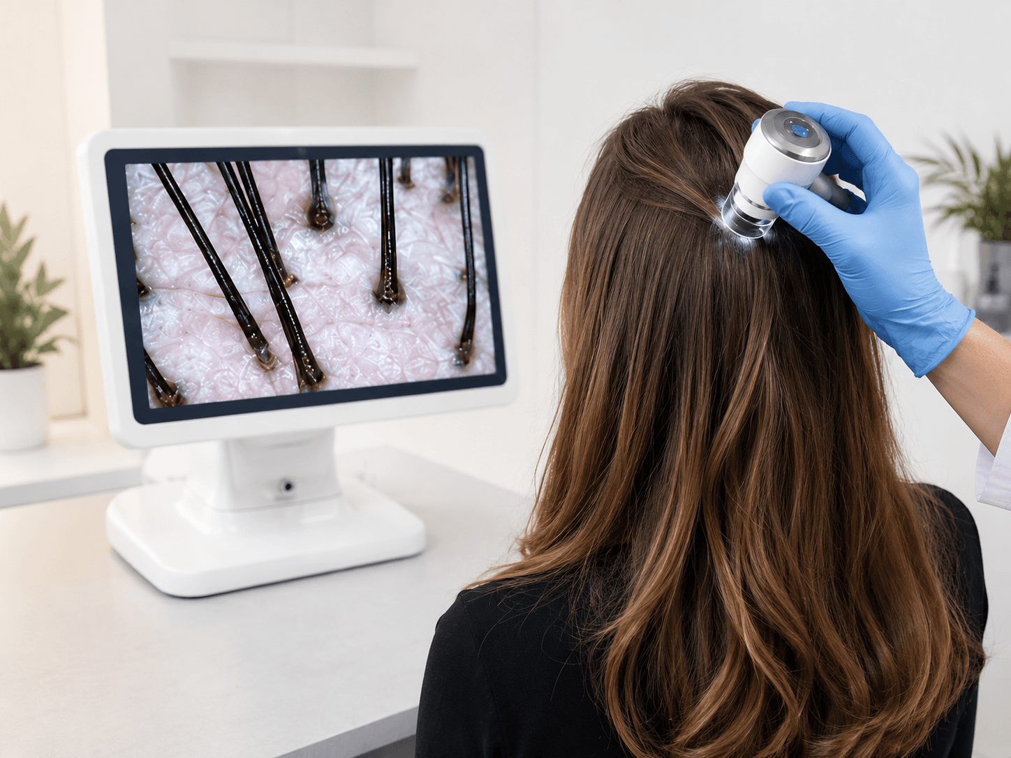 ScalpCheck® evaluation showing a digital scalp analysis for scalp health, hair shedding, itchy scalp, flakes, excess oil, and buildup.