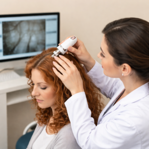 Trichologist performing a microscopic scalp analysis using ScalpCheck on a woman with red curly hair