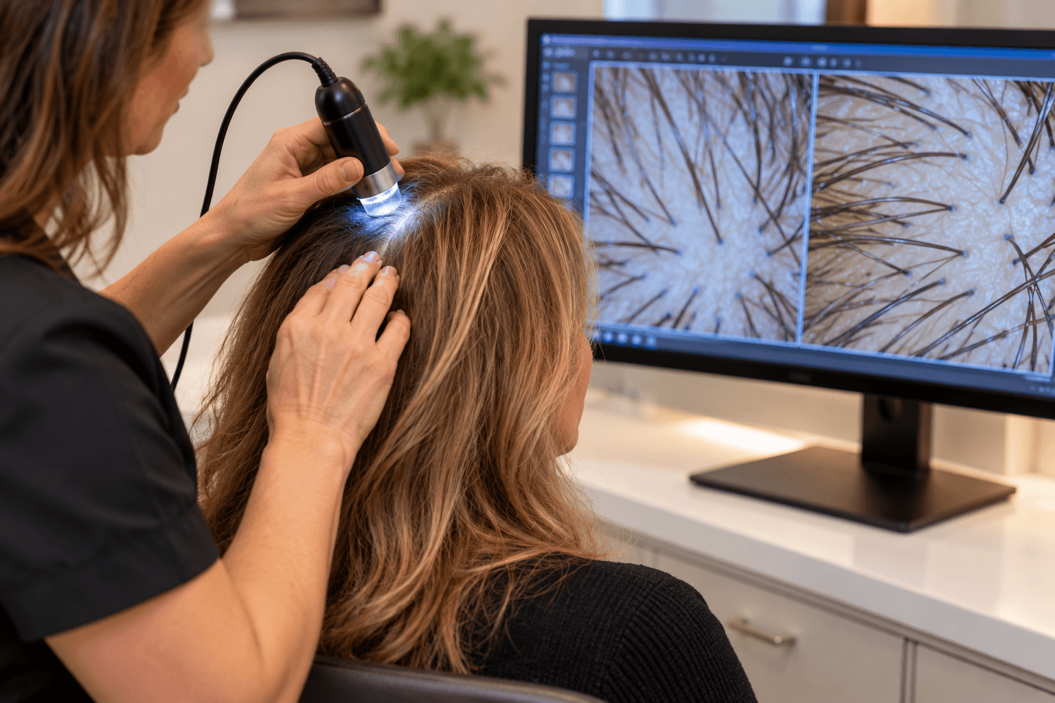 Trichologist performing a microscopic scalp evaluation during a ScalpCheck consultation