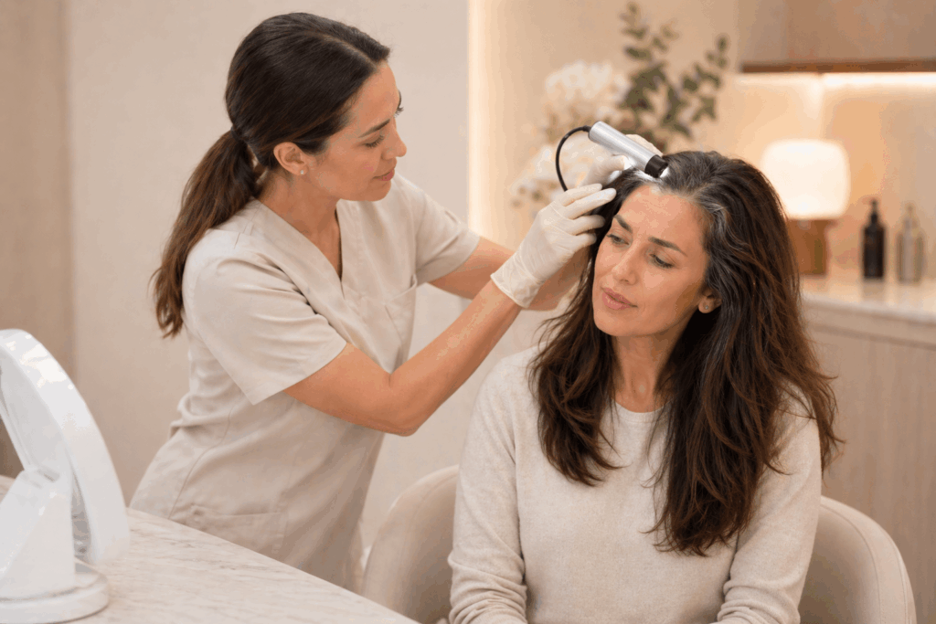 Scalp specialist performing a ScalpCheck scalp evaluation with a handheld scope in Fairview Park