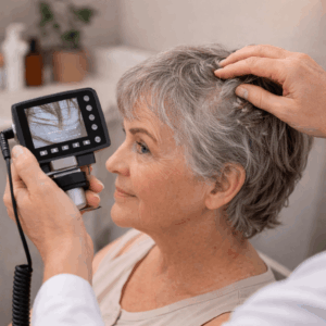 Trichologist performing a scalp evaluation on an older woman using magnification to assess scalp health and buildup