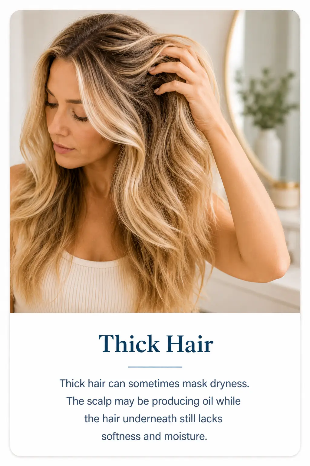 Dense blonde hair illustrating how thick hair can mask dryness while the scalp continues producing oil
