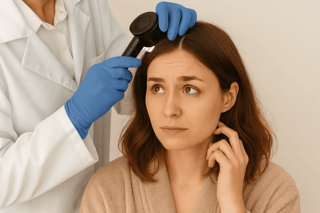 Hair and scalp specialist examining a woman’s scalp during a trichology appointment in Cleveland