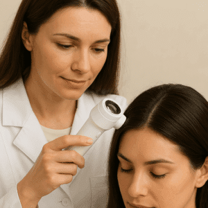 Trichologist examining a client’s scalp with a dermatoscope during a professional hair and scalp assessment