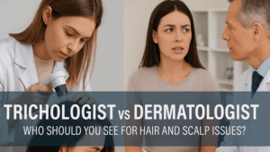 Side-by-side comparison of a trichologist examining a patient's scalp and a dermatologist consulting a patient, with overlaid text reading “Trichologist vs Dermatologist: Who Should You See for Hair and Scalp Issues?”