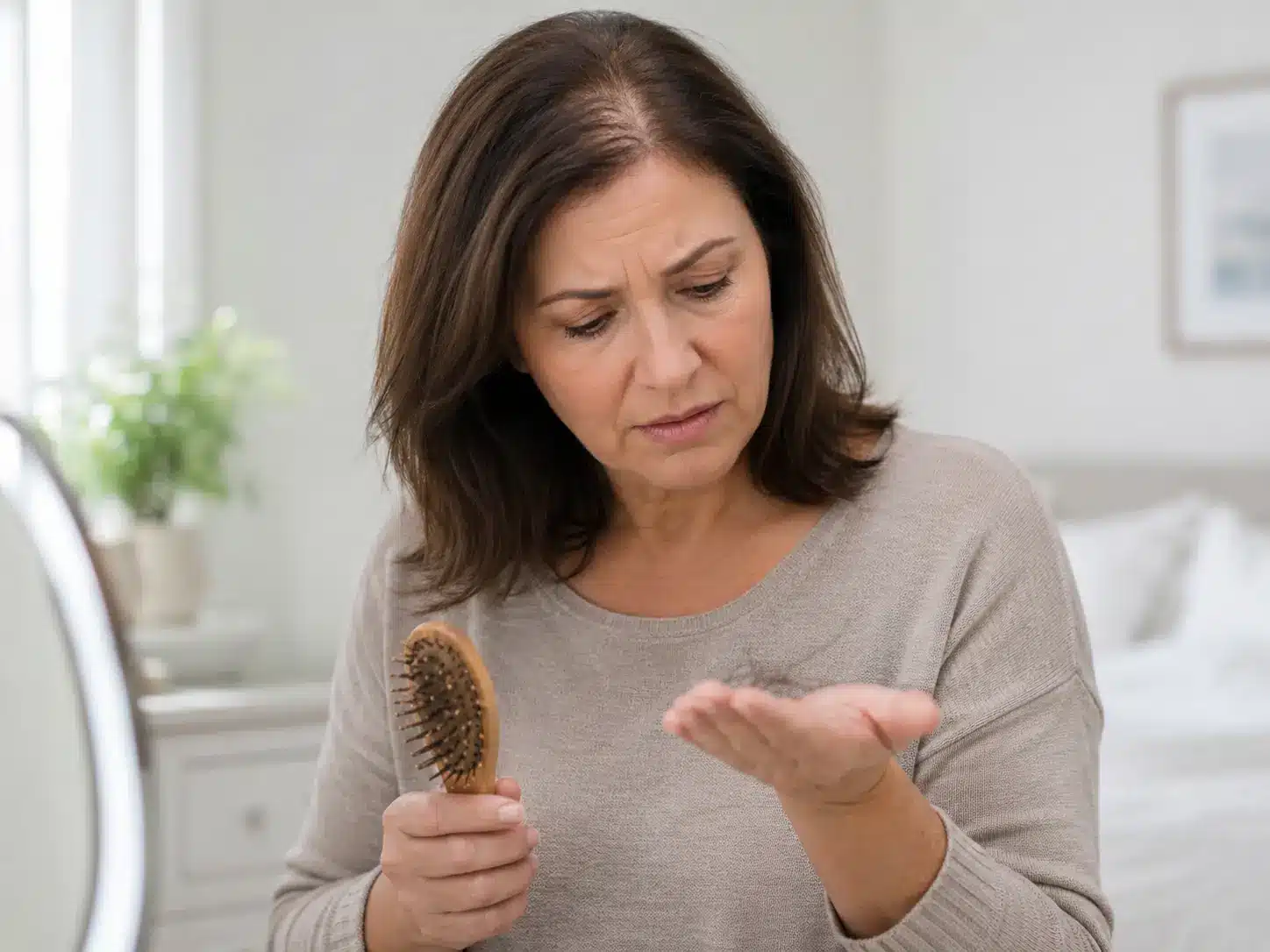 Woman looking concerned at shed hair while holding a hairbrush, unsure what may be causing her hair loss.