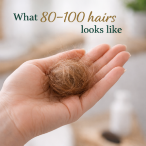 Example of normal hair shedding showing about 80 to 100 strands of hair in a woman's hand