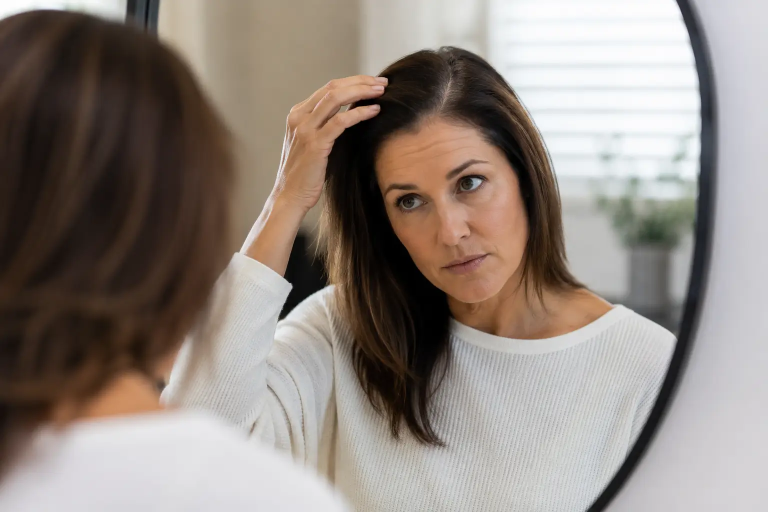 Woman looking in the mirror while noticing changes in her hair and scalp.