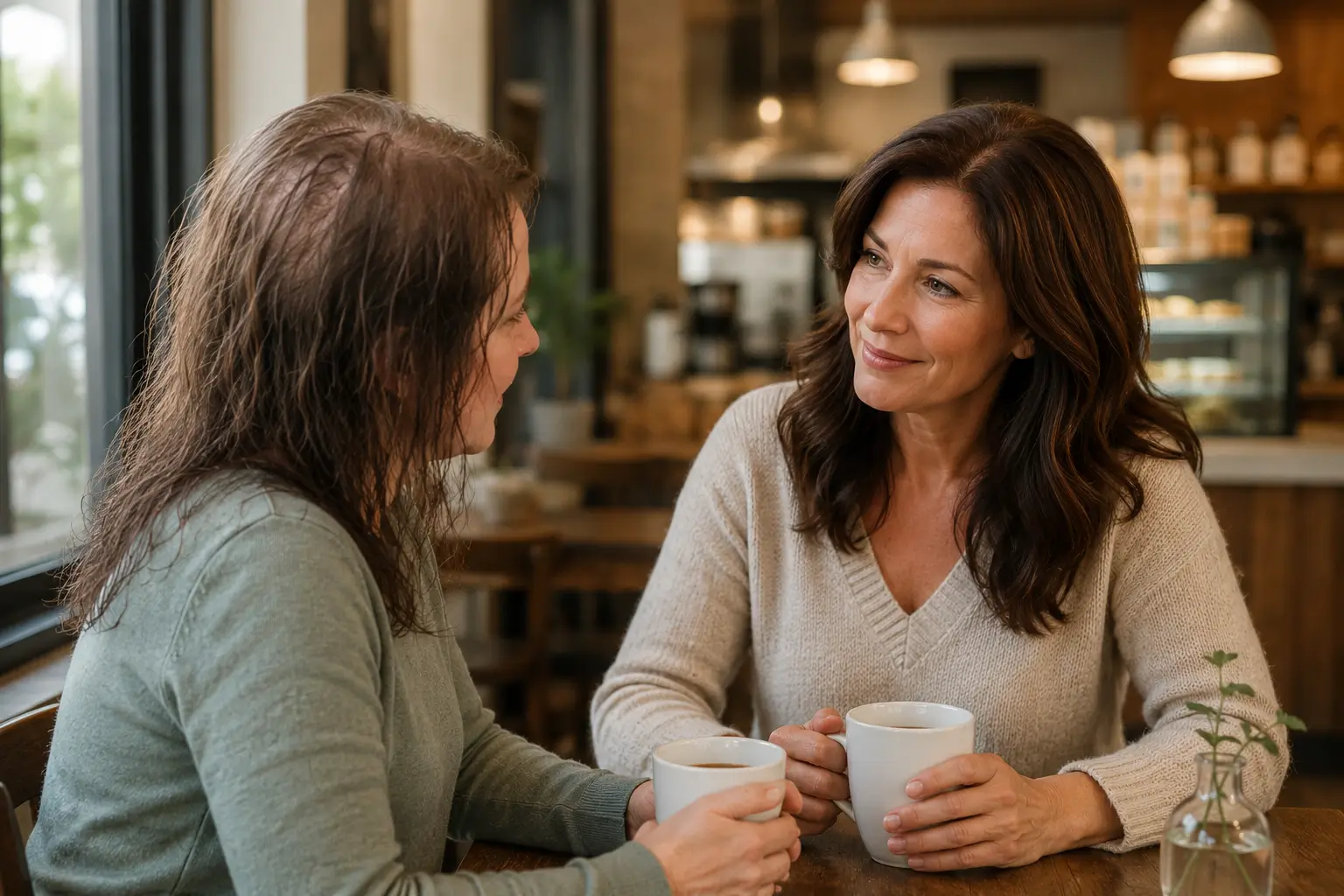Two women talking over coffee about hair loss support and finding solutions.