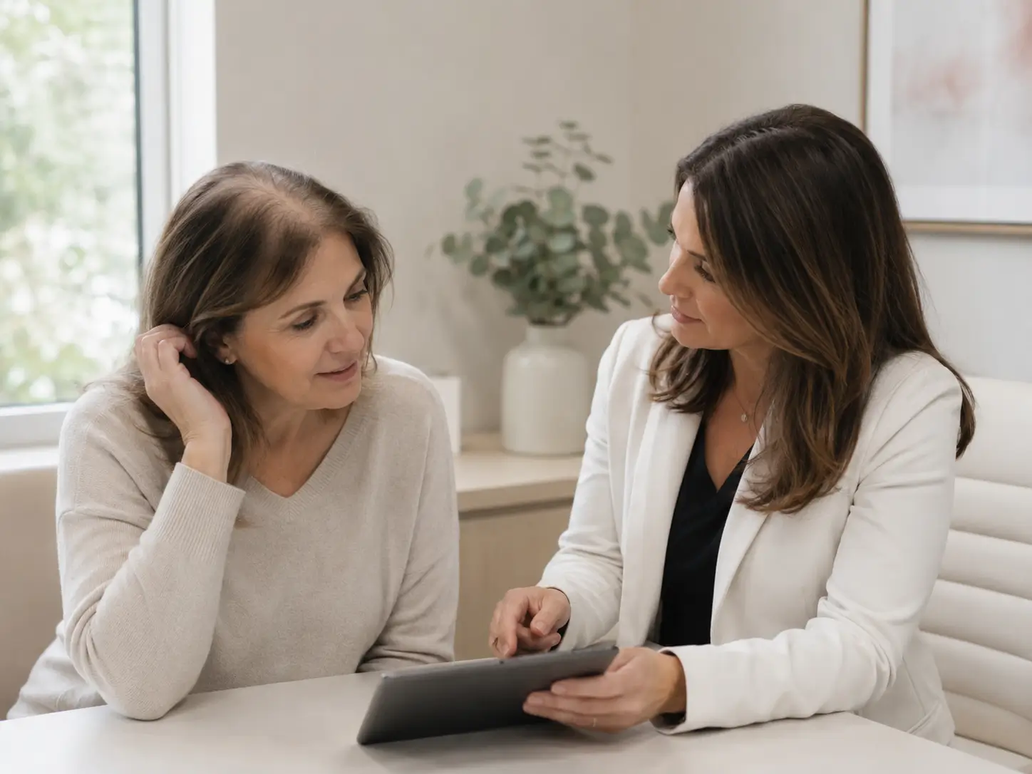 Woman with visible thinning hair meeting privately with a hair loss specialist during a women’s hair loss consultation.